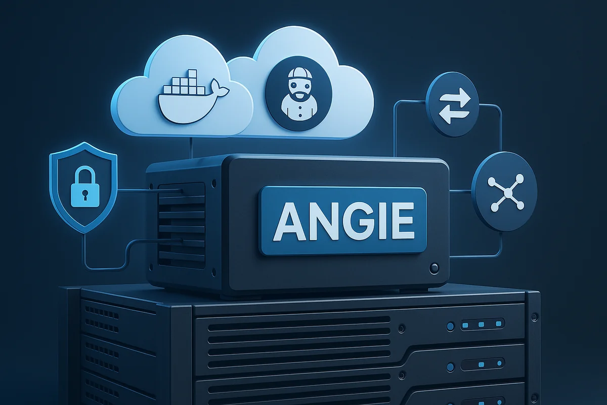 Сервер с контейнерами Docker и Podman, TLS и MPTCP с логотипом Angie, проксирование и безопасность