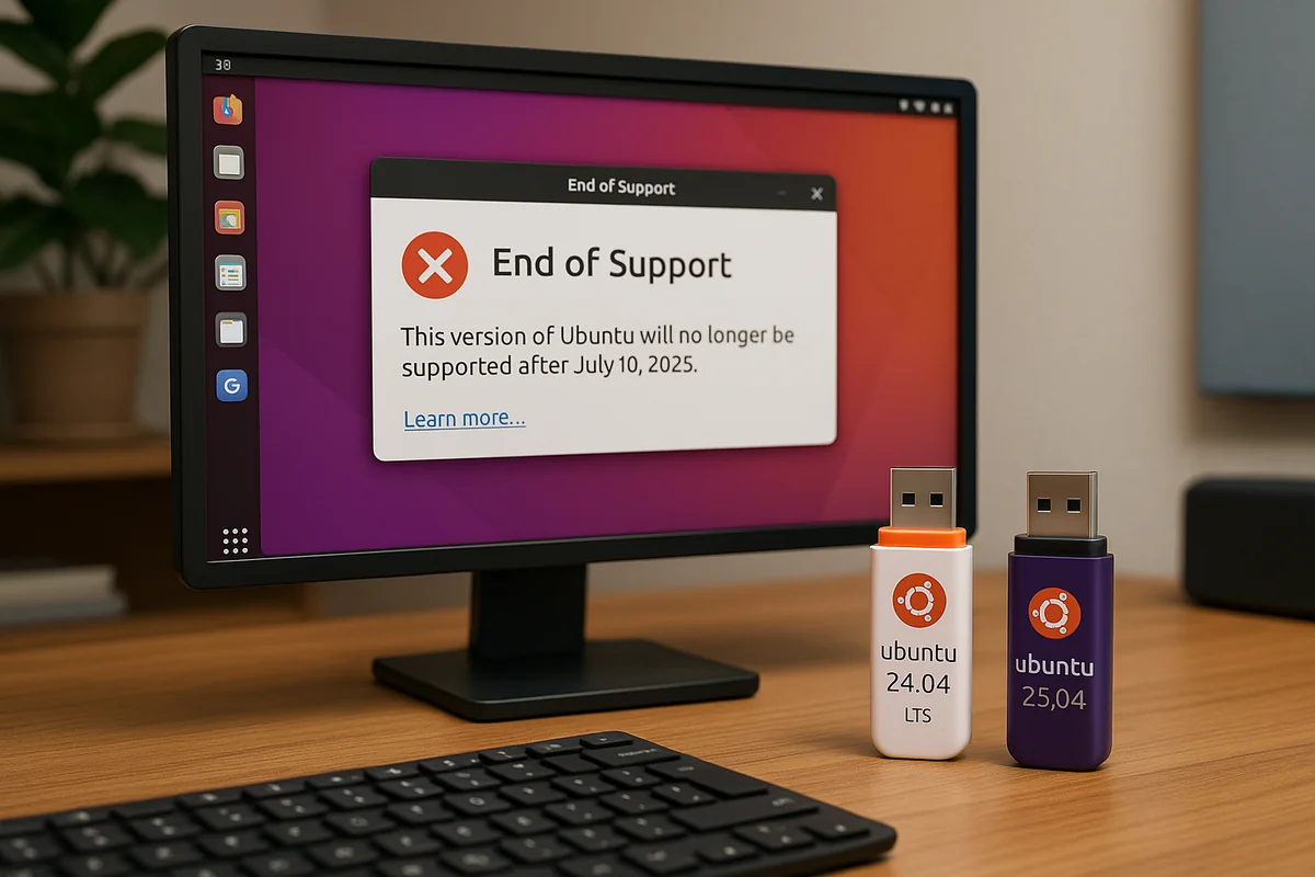 Уведомление об окончании поддержки Ubuntu 24.10 на экране с флешками Ubuntu 24.04 и 25.04 на рабочем столе