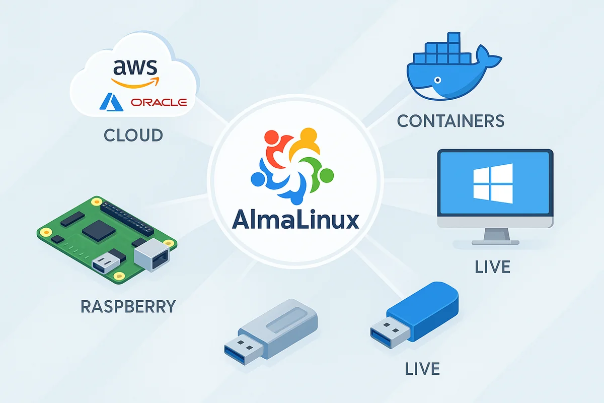 Логотип AlmaLinux в центре, соединённый линиями с иконками облаков, контейнеров, Raspberry Pi, USB-носителя и WSL на светлом фоне